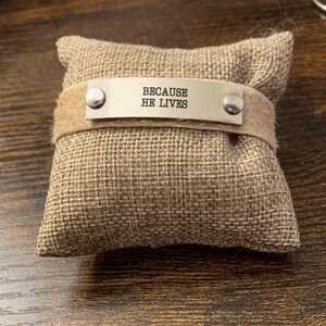 Leather Wrap Bracelet with 'BECAUSE HE LIVES' Plate - Tan & Silver